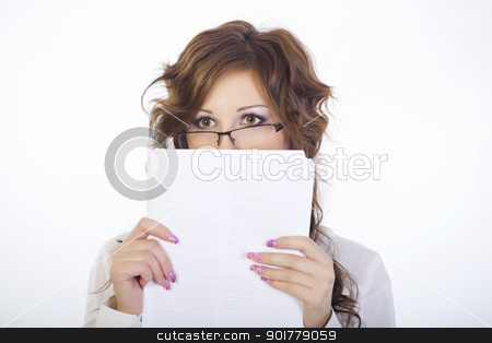To use this stock image in your creative project, please select the size you need over to the right and click the "Add to Cart" button.
Your downloaded image will come with the Cutcaster watermark removed so don’t worry about the watermark you see on this page. Girl with glasses stock photo, Portrait of a girl on a white background. Covers the individual documents. The concept, fear, surprise, guilt. by fogen
