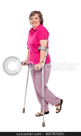 To use this stock image in your creative project, please select the size you need over to the right and click the "Add to Cart" button.
Your downloaded image will come with the Cutcaster watermark removed so don’t worry about the watermark you see on this page. Smiling senior woman walking with crutches stock photo, Smiling senior woman walking with crutches. All on white background by Ishay Botbol