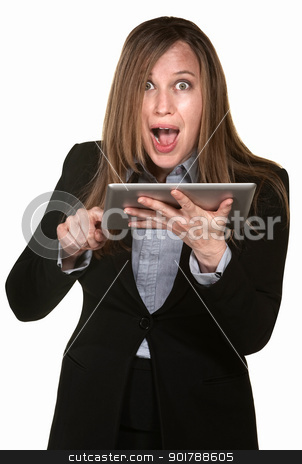 To use this stock image in your creative project, please select the size you need over to the right and click the "Add to Cart" button.
Your downloaded image will come with the Cutcaster watermark removed so don’t worry about the watermark you see on this page. Excited Woman with Tablet stock photo, Excited woman holding tablet over white background by Scott Griessel