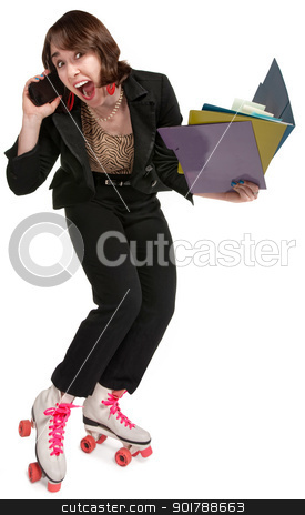 To use this stock image in your creative project, please select the size you need over to the right and click the "Add to Cart" button.
Your downloaded image will come with the Cutcaster watermark removed so don’t worry about the watermark you see on this page. Energetic Female Professional stock photo, Energetic office worker with pink roller skates and telephone by Scott Griessel