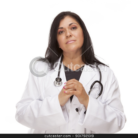 To use this stock image in your creative project, please select the size you need over to the right and click the "Add to Cart" button.
Your downloaded image will come with the Cutcaster watermark removed so don’t worry about the watermark you see on this page. Concerned Female Hispanic Doctor or Nurse stock photo, Concerned Female Hispanic Doctor or Nurse Isolated on a White Background. by Andy Dean