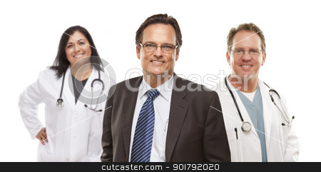 To use this stock image in your creative project, please select the size you need over to the right and click the "Add to Cart" button.
Your downloaded image will come with the Cutcaster watermark removed so don’t worry about the watermark you see on this page. Businessman with Medical Personnel Behind stock photo, Handsome Businessman with Medical Female and Male Doctors or Nurses Behind Isolated on White. by Andy Dean