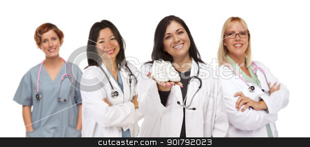 To use this stock image in your creative project, please select the size you need over to the right and click the "Add to Cart" button.
Your downloaded image will come with the Cutcaster watermark removed so don’t worry about the watermark you see on this page. Hispanic Female Doctor or Nurse with Baby Shoes and Support Staf stock photo, Attractive Hispanic Female Doctor or Nurse Holding Out Baby Shoes and Support Staff Behind Isolated on a White Background. by Andy Dean