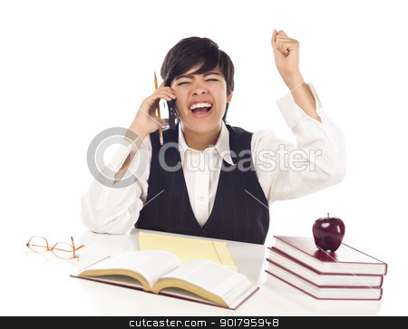 To use this stock image in your creative project, please select the size you need over to the right and click the "Add to Cart" button.
Your downloaded image will come with the Cutcaster watermark removed so don’t worry about the watermark you see on this page. Excited Mixed Race Female Student on Cell Phone Cheers stock photo, Excited Mixed Race Female Student at Desk with Books on Cell Phone Cheers Isolated on a White Background. by Andy Dean