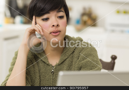 To use this stock image in your creative project, please select the size you need over to the right and click the "Add to Cart" button.
Your downloaded image will come with the Cutcaster watermark removed so don’t worry about the watermark you see on this page. Pretty Mixed Race Woman Using Laptop at Home stock photo, Pretty Mixed Race Woman Using Laptop at Her Home. by Andy Dean