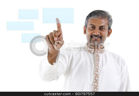 To use this stock image in your creative project, please select the size you need over to the right and click the "Add to Cart" button.
Your downloaded image will come with the Cutcaster watermark removed so don’t worry about the watermark you see on this page. Touchscreen button stock photo, Mid adult Asian Traditional Indian man finger pressing on touchscreen monitor by szefei