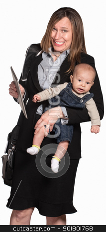 To use this stock image in your creative project, please select the size you need over to the right and click the "Add to Cart" button.
Your downloaded image will come with the Cutcaster watermark removed so don’t worry about the watermark you see on this page. Working Mother With Baby stock photo, Happy businesswoman with baby over white background by Scott Griessel