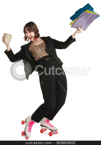 To use this stock image in your creative project, please select the size you need over to the right and click the "Add to Cart" button.
Your downloaded image will come with the Cutcaster watermark removed so don’t worry about the watermark you see on this page. Office Worker in Skates stock photo, Office worker with pink roller skates and coffee mug by Scott Griessel