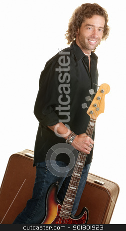 To use this stock image in your creative project, please select the size you need over to the right and click the "Add to Cart" button.
Your downloaded image will come with the Cutcaster watermark removed so don’t worry about the watermark you see on this page. Traveling Musician with Guitar stock photo, Smiling musician holding guitar and brown suitcase by Scott Griessel