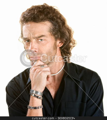 To use this stock image in your creative project, please select the size you need over to the right and click the "Add to Cart" button.
Your downloaded image will come with the Cutcaster watermark removed so don’t worry about the watermark you see on this page. Man With Hand on Chin stock photo, Caucasian male in black shirt with hand on chin by Scott Griessel