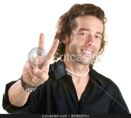 To use this stock image in your creative project, please select the size you need over to the right and click the "Add to Cart" button.
Your downloaded image will come with the Cutcaster watermark removed so don’t worry about the watermark you see on this page. Man with V Symbol stock photo, Handsome European male with victor gesture. Fingers in focus. by Scott Griessel