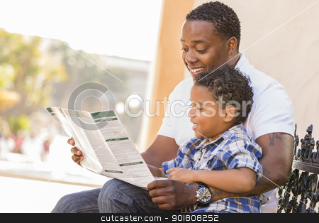 To use this stock image in your creative project, please select the size you need over to the right and click the "Add to Cart" button.
Your downloaded image will come with the Cutcaster watermark removed so don’t worry about the watermark you see on this page. Mixed Race Father and Son Reading Park Brochure Outside stock photo, Happy African American Father and Mixed Race Son Having Fun Reading Park Brochure Outside. by Andy Dean
