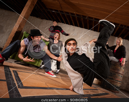 To use this stock image in your creative project, please select the size you need over to the right and click the "Add to Cart" button.
Your downloaded image will come with the Cutcaster watermark removed so don’t worry about the watermark you see on this page. Break Dancers Performing stock photo, Cool South Asian teenager break dacing with friends by Scott Griessel