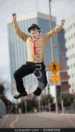 To use this stock image in your creative project, please select the size you need over to the right and click the "Add to Cart" button.
Your downloaded image will come with the Cutcaster watermark removed so don’t worry about the watermark you see on this page. Businessman Jumps In The Air stock photo, Happy Caucasian businessman jumps in the air by Scott Griessel