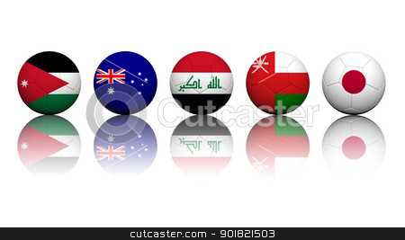 To use this stock image in your creative project, please select the size you need over to the right and click the "Add to Cart" button.
Your downloaded image will come with the Cutcaster watermark removed so don’t worry about the watermark you see on this page. 3D Rendering Soccer balls with flag pattern, Asian Soccer Qualif stock photo, 3D Rendering Soccer balls with flag pattern, Asian Soccer Qualifiers Group B by jakgree