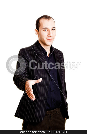 To use this stock image in your creative project, please select the size you need over to the right and click the "Add to Cart" button.
Your downloaded image will come with the Cutcaster watermark removed so don’t worry about the watermark you see on this page. Businessman stock photo, Portrait of a young businessman giving a handshake, isolated on white background by ikostudio