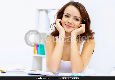 To use this stock image in your creative project, please select the size you need over to the right and click the "Add to Cart" button.
Your downloaded image will come with the Cutcaster watermark removed so don’t worry about the watermark you see on this page. Student girl stock photo, Student girl studying her lessons at home by Sergey Nivens