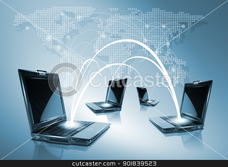 To use this stock image in your creative project, please select the size you need over to the right and click the "Add to Cart" button.
Your downloaded image will come with the Cutcaster watermark removed so don’t worry about the watermark you see on this page. Collage with notebook stock photo, Blue collage with notebooks connected and world symbol by Sergey Nivens