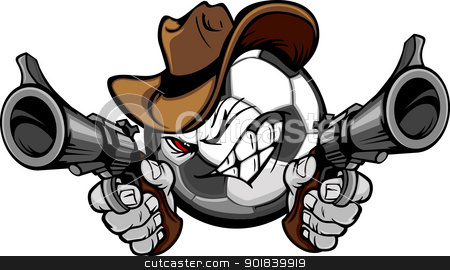 To use this stock image in your creative project, please select the size you need over to the right and click the "Add to Cart" button.
Your downloaded image will come with the Cutcaster watermark removed so don’t worry about the watermark you see on this page. Cowboy Soccer Cartoon Shootout stock vector clipart, Soccer Ball Cartoon Face with Cowboy Hat Holding and Aiming Guns by chromaco