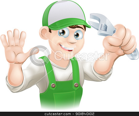 To use this stock image in your creative project, please select the size you need over to the right and click the "Add to Cart" button.
Your downloaded image will come with the Cutcaster watermark removed so don’t worry about the watermark you see on this page. Plumber or mechanic with spanner stock vector clipart, Graphic of smiling plumber or mechanic in overalls holding spanner and waving by Christos Georghiou