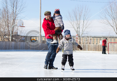 To use this stock image in your creative project, please select the size you need over to the right and click the "Add to Cart" button.
Your downloaded image will come with the Cutcaster watermark removed so don’t worry about the watermark you see on this page. Happy family at the skating rink stock photo, Father with son and daughter playing at the skating rink in winter. by Click Images