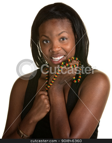 To use this stock image in your creative project, please select the size you need over to the right and click the "Add to Cart" button.
Your downloaded image will come with the Cutcaster watermark removed so don’t worry about the watermark you see on this page. Happy Woman with Jamaican Necklace stock photo, Smiling young woman with Jamaican flag color necklace by Scott Griessel