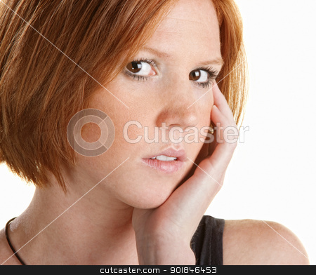 To use this stock image in your creative project, please select the size you need over to the right and click the "Add to Cart" button.
Your downloaded image will come with the Cutcaster watermark removed so don’t worry about the watermark you see on this page. Thinking Lady with Hand on Face stock photo, Pretty Caucasian woman with hand on face staring ahead by Scott Griessel