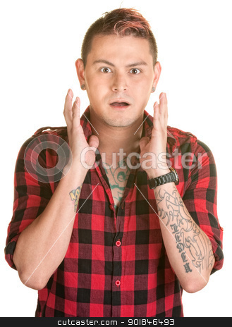 To use this stock image in your creative project, please select the size you need over to the right and click the "Add to Cart" button.
Your downloaded image will come with the Cutcaster watermark removed so don’t worry about the watermark you see on this page. Scared Man stock photo, Surprised man with spiky dyed hair and hands by face by Scott Griessel