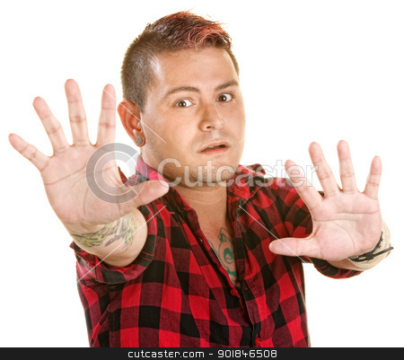 To use this stock image in your creative project, please select the size you need over to the right and click the "Add to Cart" button.
Your downloaded image will come with the Cutcaster watermark removed so don’t worry about the watermark you see on this page. Tense Man Reaching Out stock photo, Tense man with spiky hair reaching out with hands by Scott Griessel