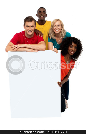 To use this stock image in your creative project, please select the size you need over to the right and click the "Add to Cart" button.
Your downloaded image will come with the Cutcaster watermark removed so don’t worry about the watermark you see on this page. Group of teenagers displaying white banner stock photo, Group of teenagers displaying white banner in front of camera by Ishay Botbol