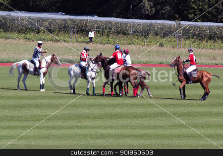 To use this stock image in your creative project, please select the size you need over to the right and click the "Add to Cart" button.
Your downloaded image will come with the Cutcaster watermark removed so don’t worry about the watermark you see on this page. Polo match stock photo, Polo players on horses jostle for the ball with umpire looking on. by Abdul Sami Haqqani
