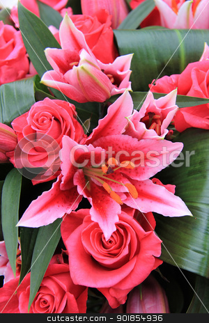 To use this stock image in your creative project, please select the size you need over to the right and click the "Add to Cart" button.
Your downloaded image will come with the Cutcaster watermark removed so don’t worry about the watermark you see on this page. pink tiger lily and rose arrangement stock photo, roses and tiger lily combined in a mixed flower arrangement by Porto Sabbia