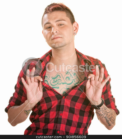 To use this stock image in your creative project, please select the size you need over to the right and click the "Add to Cart" button.
Your downloaded image will come with the Cutcaster watermark removed so don’t worry about the watermark you see on this page. Man Shows Chest Tattoo stock photo, Cute young man over white showing off chest tattoo by Scott Griessel