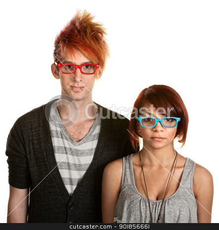 To use this stock image in your creative project, please select the size you need over to the right and click the "Add to Cart" button.
Your downloaded image will come with the Cutcaster watermark removed so don’t worry about the watermark you see on this page. Teen Couple with Glasses stock photo, Cute teen couple with red and blue eyeglasses by Scott Griessel