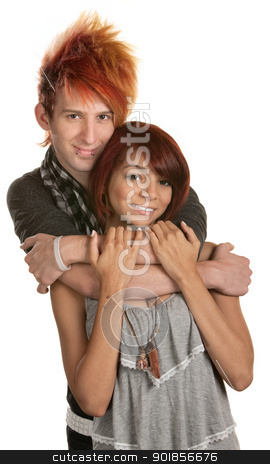 To use this stock image in your creative project, please select the size you need over to the right and click the "Add to Cart" button.
Your downloaded image will come with the Cutcaster watermark removed so don’t worry about the watermark you see on this page. Hipster Mixed Couple stock photo, Young man in orange hair hugging girlfriend by Scott Griessel