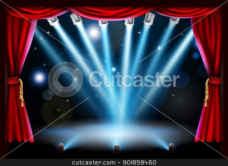 To use this stock image in your creative project, please select the size you need over to the right and click the "Add to Cart" button.
Your downloaded image will come with the Cutcaster watermark removed so don’t worry about the watermark you see on this page. Centre stage background illustration stock vector clipart, Stage background illustration with blue stage spot lights pointing to the centre of the stage and red curtain frame by Christos Georghiou