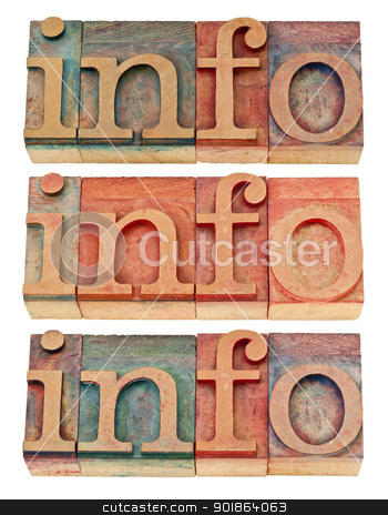 To use this stock image in your creative project, please select the size you need over to the right and click the "Add to Cart" button.
Your downloaded image will come with the Cutcaster watermark removed so don’t worry about the watermark you see on this page. info word in wood type stock photo, info - isolated word in vintage letterpress wood type, three versions by Marek Uliasz