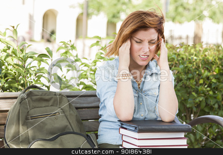 To use this stock image in your creative project, please select the size you need over to the right and click the "Add to Cart" button.
Your downloaded image will come with the Cutcaster watermark removed so don’t worry about the watermark you see on this page. Female Student Outside with Headache Sitting with Books and Back stock photo, Young Female Student with Headache Sitting with Books and Backpack on Campus Bench. by Andy Dean