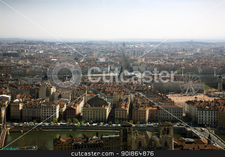 To use this stock image in your creative project, please select the size you need over to the right and click the "Add to Cart" button.
Your downloaded image will come with the Cutcaster watermark removed so don’t worry about the watermark you see on this page. Lyon stock photo, A bird's eye view of the French city of Lyon with the city hall on place des Terreaux. by Abdul Sami Haqqani