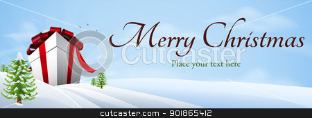 To use this stock image in your creative project, please select the size you need over to the right and click the "Add to Cart" button.
Your downloaded image will come with the Cutcaster watermark removed so don’t worry about the watermark you see on this page. Giant Christmas gift banner background stock vector clipart, Illustration of a giant Christmas gift in winter landscape, banner background
by Christos Georghiou