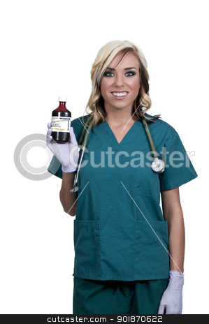 To use this stock image in your creative project, please select the size you need over to the right and click the "Add to Cart" button.
Your downloaded image will come with the Cutcaster watermark removed so don’t worry about the watermark you see on this page. Woman Doctor stock photo, A woman doctor holding a bottle of prescription medication by Robert Byron