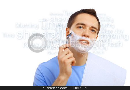 To use this stock image in your creative project, please select the size you need over to the right and click the "Add to Cart" button.
Your downloaded image will come with the Cutcaster watermark removed so don’t worry about the watermark you see on this page. Young man shaving stock photo, Young man in blue T-shirt shaving himself by Sergey Nivens