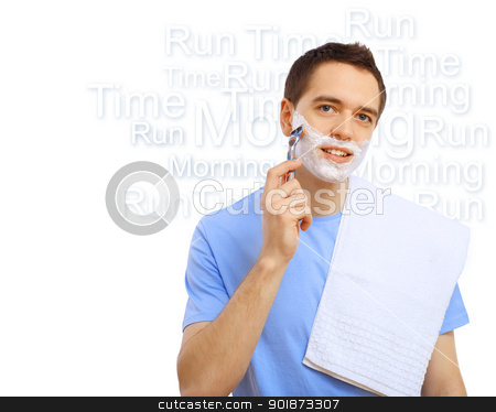 To use this stock image in your creative project, please select the size you need over to the right and click the "Add to Cart" button.
Your downloaded image will come with the Cutcaster watermark removed so don’t worry about the watermark you see on this page. Young man shaving stock photo, Young man in blue T-shirt shaving himself by Sergey Nivens