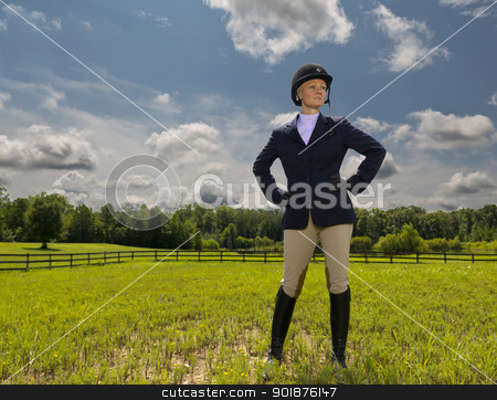 To use this stock image in your creative project, please select the size you need over to the right and click the "Add to Cart" button.
Your downloaded image will come with the Cutcaster watermark removed so don’t worry about the watermark you see on this page. Equestrian Model stock photo, A blonde equestrian model poses in an outdoor environment by Walter Arce