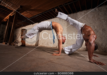 To use this stock image in your creative project, please select the size you need over to the right and click the "Add to Cart" button.
Your downloaded image will come with the Cutcaster watermark removed so don’t worry about the watermark you see on this page. Two Capoeria Performers Fighting stock photo, Two strong male capoeira experts fighting indoors by Scott Griessel