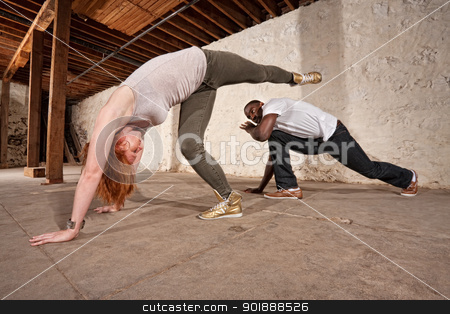 To use this stock image in your creative project, please select the size you need over to the right and click the "Add to Cart" button.
Your downloaded image will come with the Cutcaster watermark removed so don’t worry about the watermark you see on this page. Capoeria Spinning Back Kick stock photo, Capoeria artist performs spinning back kick on partner by Scott Griessel