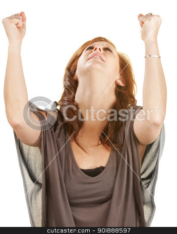 To use this stock image in your creative project, please select the size you need over to the right and click the "Add to Cart" button.
Your downloaded image will come with the Cutcaster watermark removed so don’t worry about the watermark you see on this page. Woman With Fists in the Air stock photo, Emotional woman looking up with fists in the air by Scott Griessel
