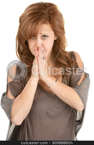 To use this stock image in your creative project, please select the size you need over to the right and click the "Add to Cart" button.
Your downloaded image will come with the Cutcaster watermark removed so don’t worry about the watermark you see on this page. Anxious Woman with alms Together stock photo, Anxious woman with hands together near her mouth by Scott Griessel