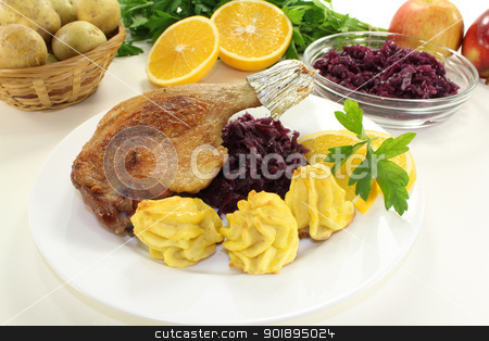 To use this stock image in your creative project, please select the size you need over to the right and click the "Add to Cart" button.
Your downloaded image will come with the Cutcaster watermark removed so don’t worry about the watermark you see on this page. Duck drumstick with red cabbage stock photo, delicious Duck drumstick with duchess potatoes and red cabbage on a bright background by Maren Wischnewski