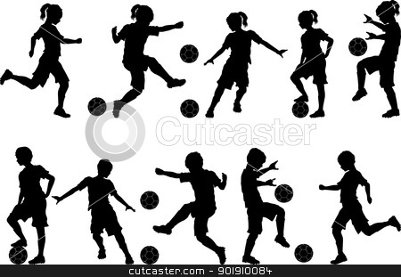 To use this stock image in your creative project, please select the size you need over to the right and click the "Add to Cart" button.
Your downloaded image will come with the Cutcaster watermark removed so don’t worry about the watermark you see on this page. Soccer Silhouettes Kids Boys and Girls stock vector clipart, Soccer Players Silhouettes of Kids - Boys and Girls by chromaco